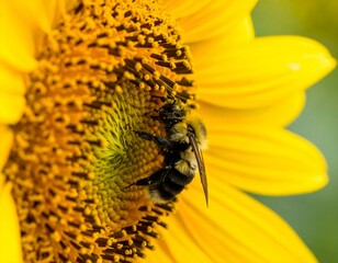 Close-up of a bumblebee collecting pollen from a vibrant sunflower.