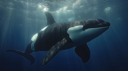 Fototapeta premium Orca swimming ocean sunlight underwater wildlife
