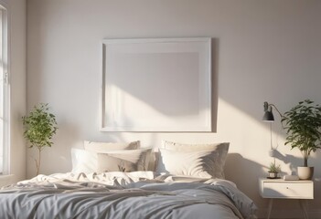 Empty white picture frame on bedroom wall, sunlight streaming through window ,  background,  showcase,  shadow