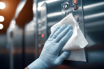 A gloved hand cleaning elevator buttons with a disinfecting wipe for protection against germs and viruses in a public space, promoting health and safety measures during the pandemic.
