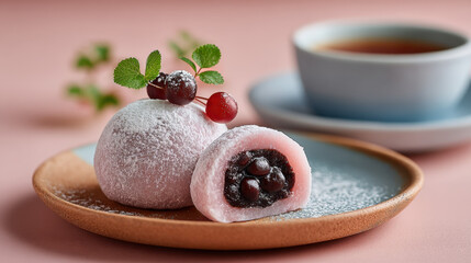 Pink Mochi with Red Bean Paste and Powdered Sugar on Plate with Tea