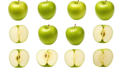 Green Apples Whole and Sliced from Multiple Angles Isolated on Transparent Background

