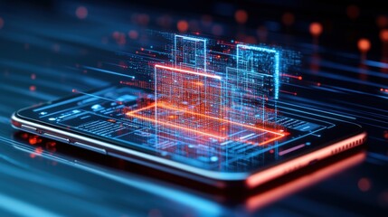 Futuristic digital technology concept with holographic data visualization emerging from a smartphone screen with glowing interface