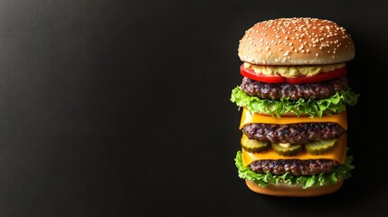 Tall Cheeseburger with Multiple Patties Lettuce Tomato and Cheese in a Sesame Seed Bun on Black Background