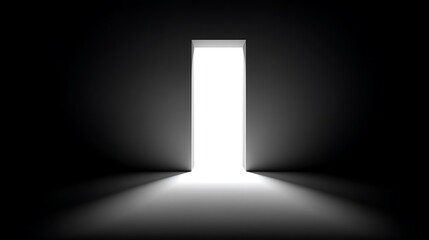 Illuminated doorway emits light into dark shadowy empty space