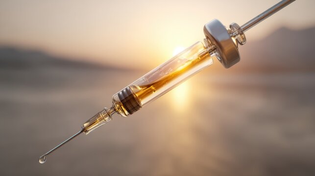 Close up of a medical sye with a needle filled with amber medication, illuminated by warm sunlight against coastal landscape at sunrise or sunset