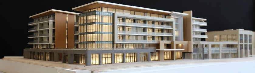 Fototapeta premium A detailed architectural model of a modern multi-story building with large glass windows and illuminated interiors, displayed against a dark background.