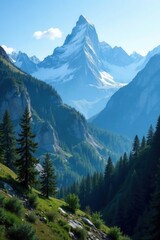 Obraz premium Rugged cliffs, snow-capped summits, coniferous forest, panorama, outdoor