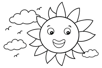 Cheerful sun with a smiling face shines near fluffy clouds in transparent background