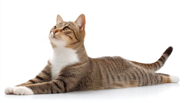 Playful tabby cat lying down isolated on white background with relaxed posture and curious expression, showcasing feline behavior and vibrant coat details