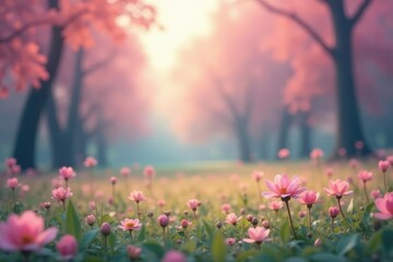 Obraz premium Abstract blurred nature scene, calming pastel hues, landscape, dreamy, tranquil