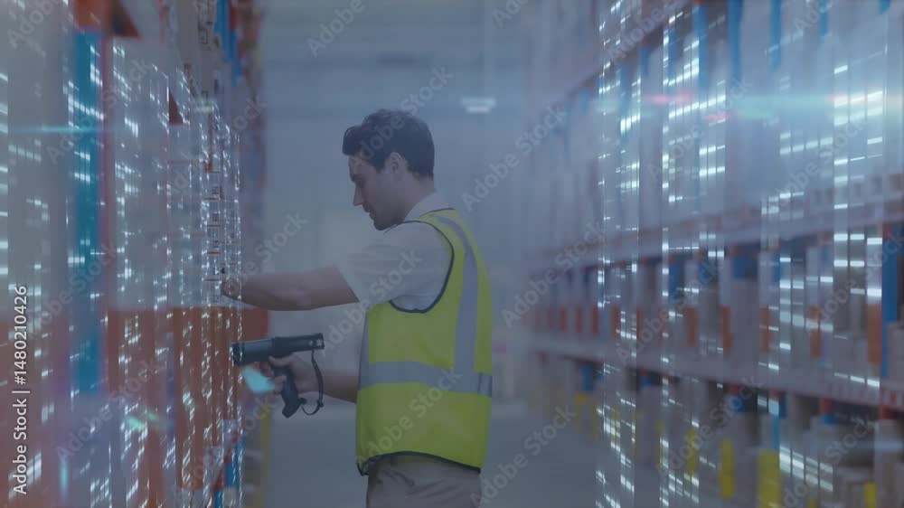 Poster warehouse worker scanning pallet boxes in logistics aisle, showing animated inventory chart overlay