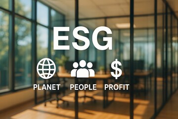A glass office backdrop shows large white letters ESG with icons for planet, people, and profit underneath. Concept of sustainable business practice and corporate responsibility.