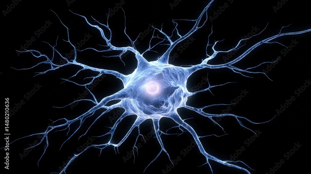 Poster glowing neuron cell with branching dendrites against a black background, illustrating neural activit