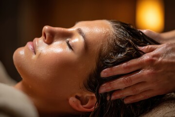 Naklejka premium A close-up view of a woman receiving a soothing head massage with aromatic oils, promoting relaxation and well-being in a spa setting, and enhancing hair health.