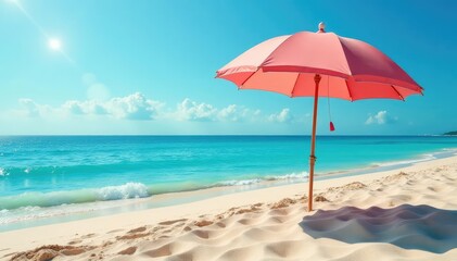 Fototapeta premium Beach umbrella providing shade on sandy shore, landscape, scene, sunblock