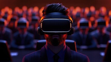 People Using Virtual Reality Headsets in a Dark ence Theater or Conference Room with Red Lighting