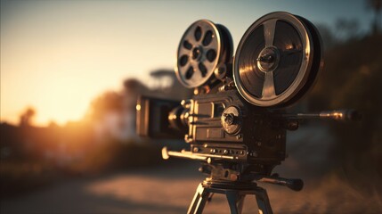 Vintage film projector with reels on tripod outdoors du sunset, cinematic movie equipment for filmmaking and entertainment purposes