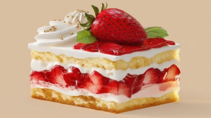 Delicious strawberry shortcake dessert with fresh strawberries whipped cream sponge cake and vibrant red strawberry topping on a light beige background