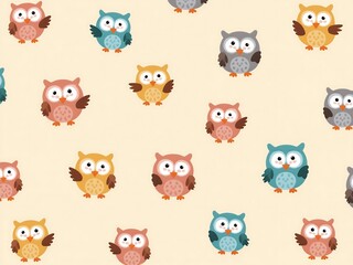 Cute Repeating Pattern of Playful Owl Illustrations on Light Backgroun