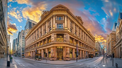 Fototapeta premium Historic Building Facade at Sunset with Colorful Sky and Urban Setting