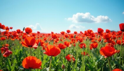 Fototapeta premium Sea of red poppies under a clear blue sky, abundant summer wildflowers , summer, rural