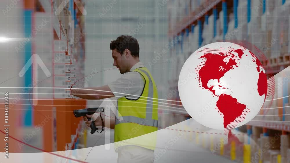 Poster warehouse worker scanning boxes using scanner in logistics hub, showing animated arrows and globe