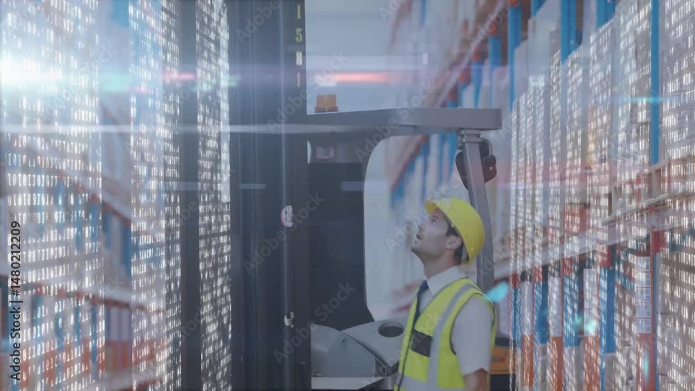 Poster warehouse worker inspecting forklift mast, displaying binary data overlays for inventory management