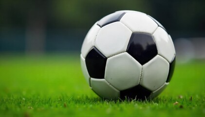 Close-up shot of a classic black and white soccer ball , round, exercise