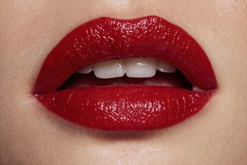 Fototapeta premium Close-up of full female lips with bright red glossy lipstick, showing perfect white teeth, and smooth skin around the mouth, beauty and glamour concept.