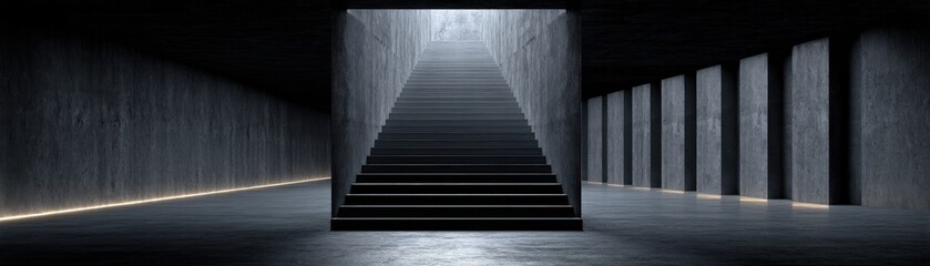 Fototapeta premium A wide, dark interior with a central staircase leading upward, illuminated by light from above, and lined with tall pillars on one side.