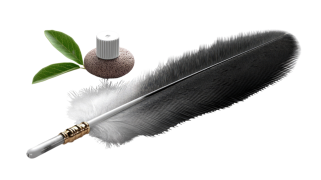 Elegant Quill Pen: A black and white quill pen with golden accents rests on a small, wooden inkwell,  paired with two fresh green leaves.