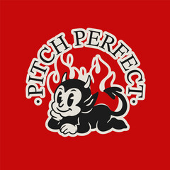 Cute little Devil. Funny black character with fire, flame. Lying on tummy position. Hand drawn Vector illustration. Halloween, retro, vintage, cartoon mascot, sticker, logo concept. Isolated element