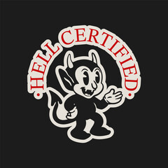 Cute little Devil. Funny character with horns. Happy joyful position. Hand drawn Vector illustration. Halloween, retro, vintage, cartoon mascot, sticker, logo concept. Isolated element