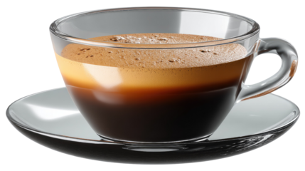 Espresso Serenity: A close-up captures a meticulously crafted espresso, its rich dark liquid and creamy foam layered in a clear glass, resting on a saucer, symbolizing morning rituals.
