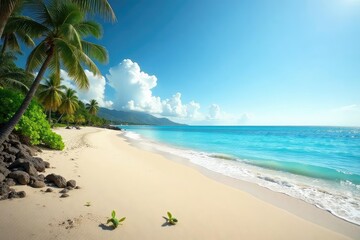 Expansive sandy beach, clear sky, distant sea , sunlight, tranquil, wild