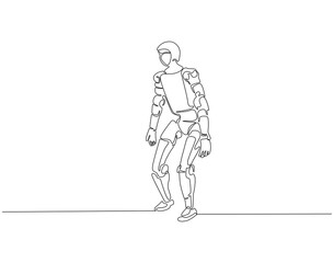 Continuous one line drawing of humanoid robot technology. One line drawing illustration of humanoid robot machine. International technology day concept single line. Editable outline