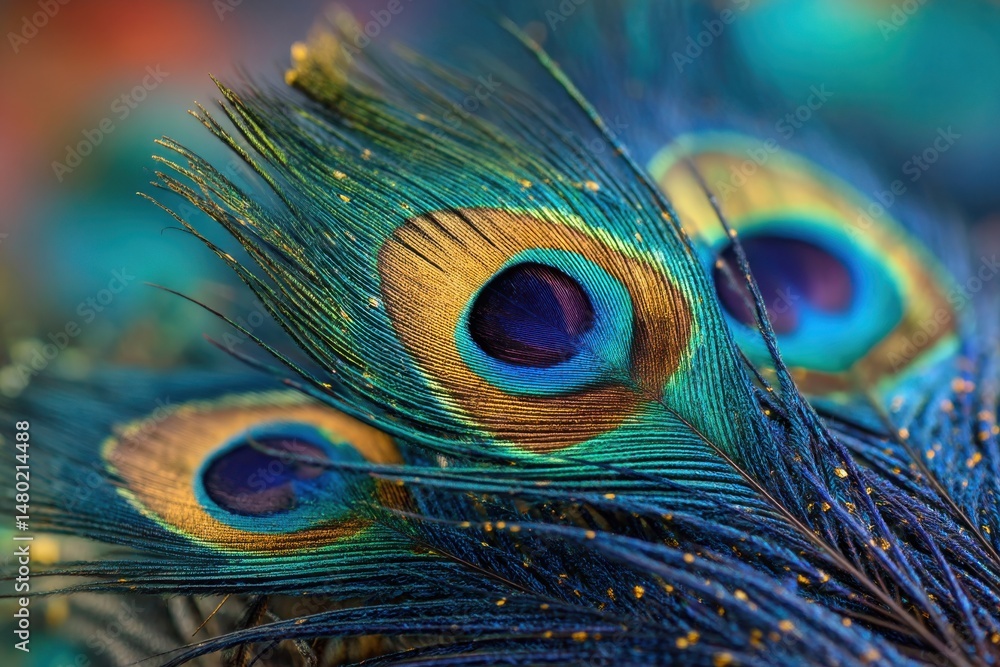 Poster a vibrant and detailed close-up of peacock feathers showing iridescent colors and intricate patterns