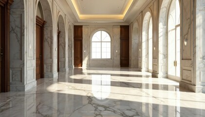 Fototapeta premium Gleaming marble floors reflect light in a spacious room , apartment, room, contemporary