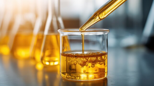 Close-up of a laboratory test tube with a pipette dispensing golden yellow liquid into a beaker with similar liquid, with additional test tubes in background in a modern science lab setting