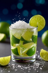 Fototapeta premium Muddling lime wedges and sugar crystals creates refreshing caipirinha cocktail. Bright colors and textures highlight vibrant summery ambiance. Concept of bars, restaurants, beverage industry
