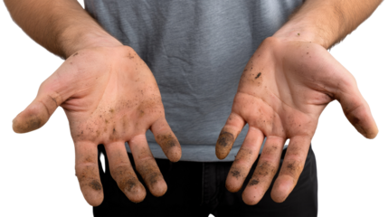 Hands Covered in Soil: A close-up view displays a pair of hands soiled with earth, illustrating the raw connection to nature and the satisfaction of working with the soil.