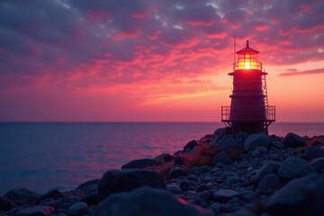 Horizontal shot of a navigational beacon emitting light against a twilight sky, color, infrastructure, spotlight