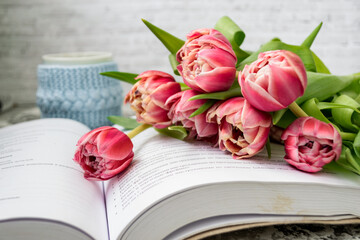 Pink tulips, an open book and a mug of freshly brewed coffee or tea. Spring set. Flatley layout.