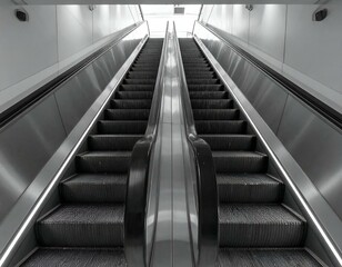 Modern escalator in grayscale.  Empty, symmetrical, architectural detail. Perfect for commercial projects.