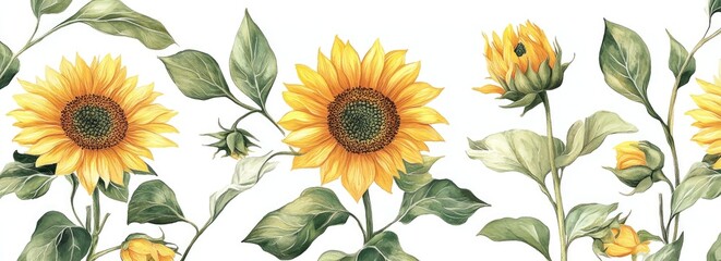 Yellow sunflowers with green leaves on white background.  Detailed illustration of multiple sunflower blossoms in various stages, including open flowers and buds, with detailed green leaves and stems