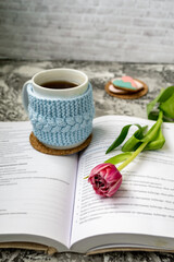 Pink tulips, an open book and a mug of freshly brewed coffee or tea. Spring set. Flatley layout.