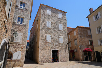 Stone house in the Old Town of Budva, a walled coastal city built by the Venetian Republic along the coast of the Adriatic Sea in Montenegro