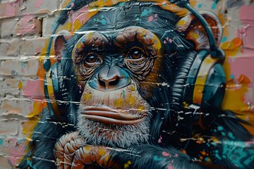 Obraz premium Colorful Graffiti Art of a Chimpanzee Wearing Headphones