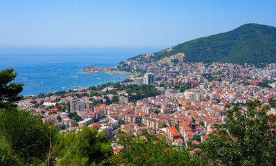 Aerial view of Budva, a famous resort town on the Montenegrin Riviera along the coast of the Adriatic Sea
